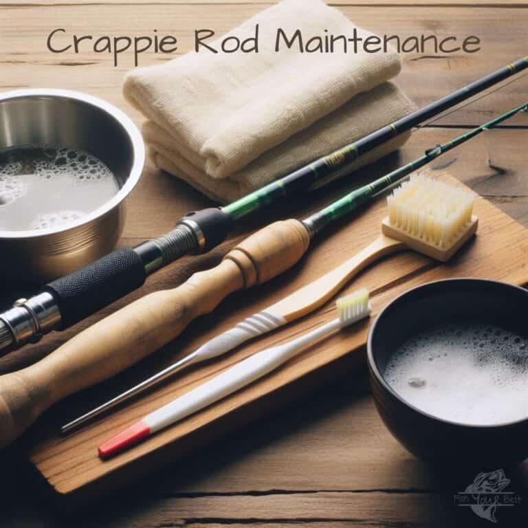 The image is a set-up for crappie rod maintenance, featuring various fishing rods laid out on a wooden surface. Included in the maintenance kit are a soft cloth, a small bowl of soapy water, a toothbrush, and a larger brush for cleaning. The text 'Crappie Rod Maintenance' is prominently displayed at the top, suggesting the photo's focus on the care and upkeep of fishing equipment.