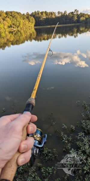 A vertical image of a person's hand holding a yellow fiberglass fishing rod, extending towards a still lake with reflections of clouds and trees. The rod is poised for casting, with a clear focus on the reel and the first line guide. The lake's surface acts as a mirror, creating a symmetrical image of the sky and forested shoreline, indicating a tranquil fishing environment.