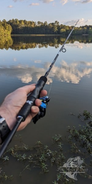 The image shows a person's hand holding a graphite fishing rod over a calm lake with a perfect reflection of clouds and trees. The rod is angled out over the water, ready for casting, with a focus on the black and blue reel. Vegetation can be seen floating near the surface of the water in the foreground. The sky is partly cloudy, suggesting a peaceful, late afternoon fishing setting.