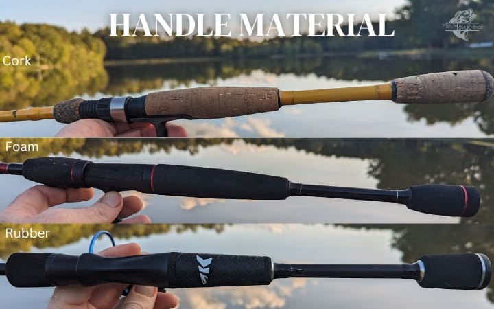 The image displays three different fishing rod handles against a serene lakeside background, each labeled with the type of material they are made from. At the top, there's a cork handle with visible wear, indicating usage. The middle rod features a black foam handle with a smoother finish. The bottom rod has a black rubber handle with a sleek design and a white logo. The comparison highlights the variety of grip materials available for anglers.