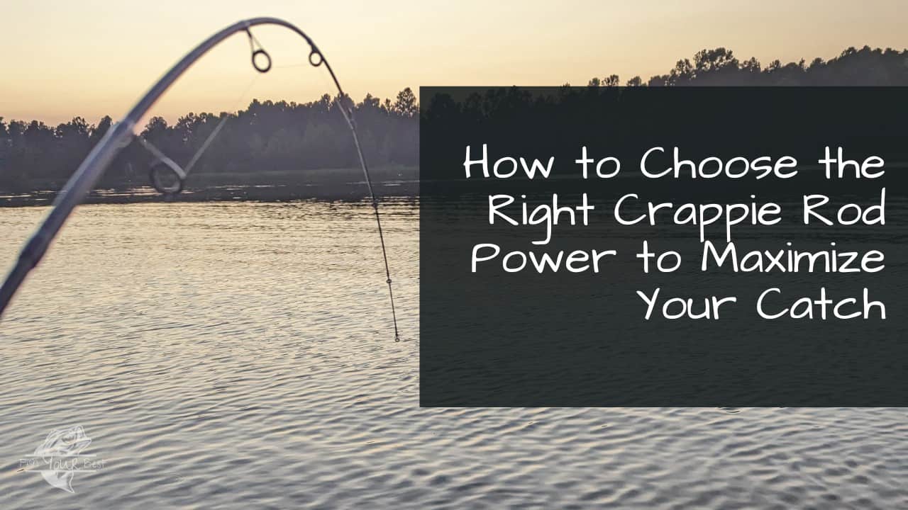 A promotional image with the headline 'How to Choose the Right Crappie Rod Power to Maximize Your Catch' overlaid on the right side. The left side of the image shows the curved tip of a fishing rod against the backdrop of a lake at dawn or dusk. The water is calm, and the treeline on the opposite shore is visible in the soft light. The image suggests the importance of selecting the appropriate fishing rod for successful crappie fishing.