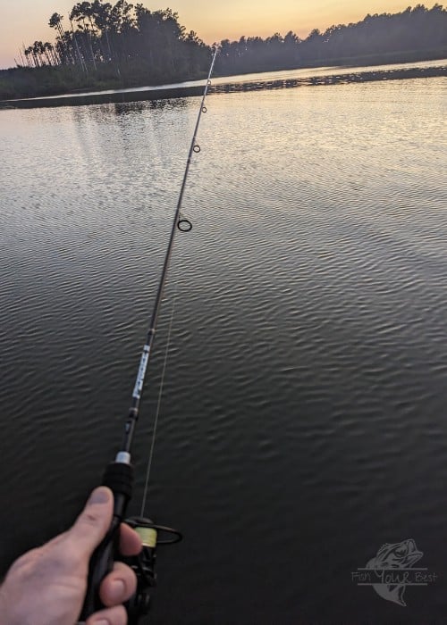A first-person perspective of a person holding an ultralight fishing rod, extending out over a body of water at twilight. The rod is slender and appears lightweight, with a black grip and a reel attached. The water has gentle ripples and the horizon is lined with silhouetted trees against a sky with the fading light of sunset, creating a calm and peaceful fishing scene.