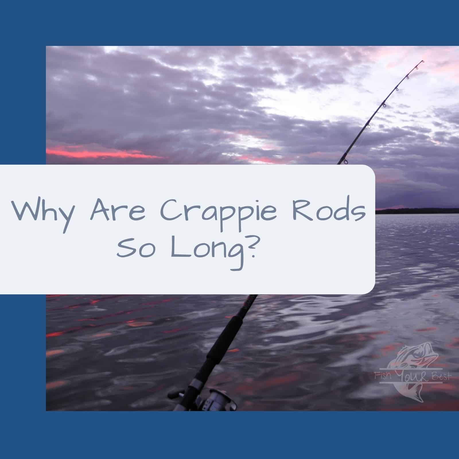 This is a promotional image featuring the question 'Why Are Crappie Rods So Long?' in bold text against a semi-transparent white rectangle. The background shows a peaceful fishing scene at twilight with a fishing rod tip bending into the frame from the top right corner and the lower part of another rod with a reel in the foreground. The sky has hues of purple and pink from the setting sun, reflecting over the calm water surface.