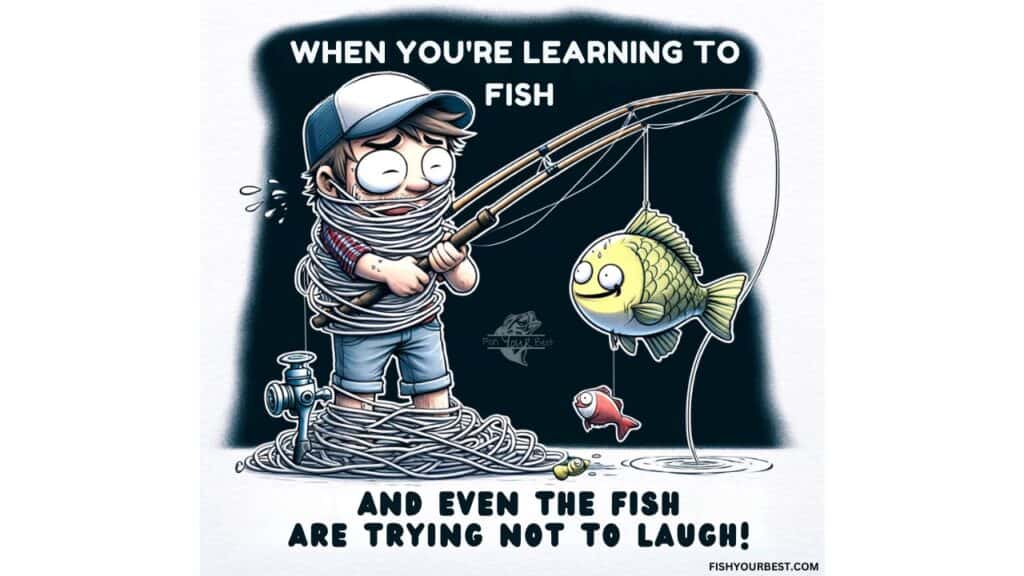 Funny meme displaying a beginner fisherman try to get started crappie fishing wrapped in fishing line with fish laughing at him.  