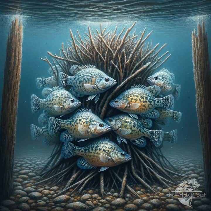 The image is an artistic underwater portrayal of a group of crappie fish congregating around a submerged tree structure. The crappies are arranged in a symmetrical pattern, echoing the tree's branches, and their varied patterns of dark speckles and lighter shades mimic the tree's textures. The background is a gradient of deep blues and greens, suggesting the depth and serenity of their freshwater habitat. The lakebed is dotted with rounded stones, and the water around the fish appears calm and clear, highlighting the natural beauty of this aquatic scene.