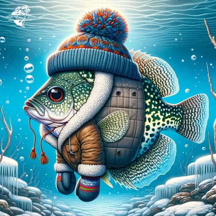 The image depicts a crappie fish whimsically dressed in winter clothing. The crappie is wearing a colorful knitted beanie topped with a pom-pom, and it wears a cozy, quilted brown jacket to combat the cold. Completing the ensemble are mittens and a scarf, adding a charming touch to the fish's appearance. The background features an underwater scene with bubbles rising towards the light filtering through the water's surface, and icicles are visible, hanging from underwater structures, reinforcing the winter theme.